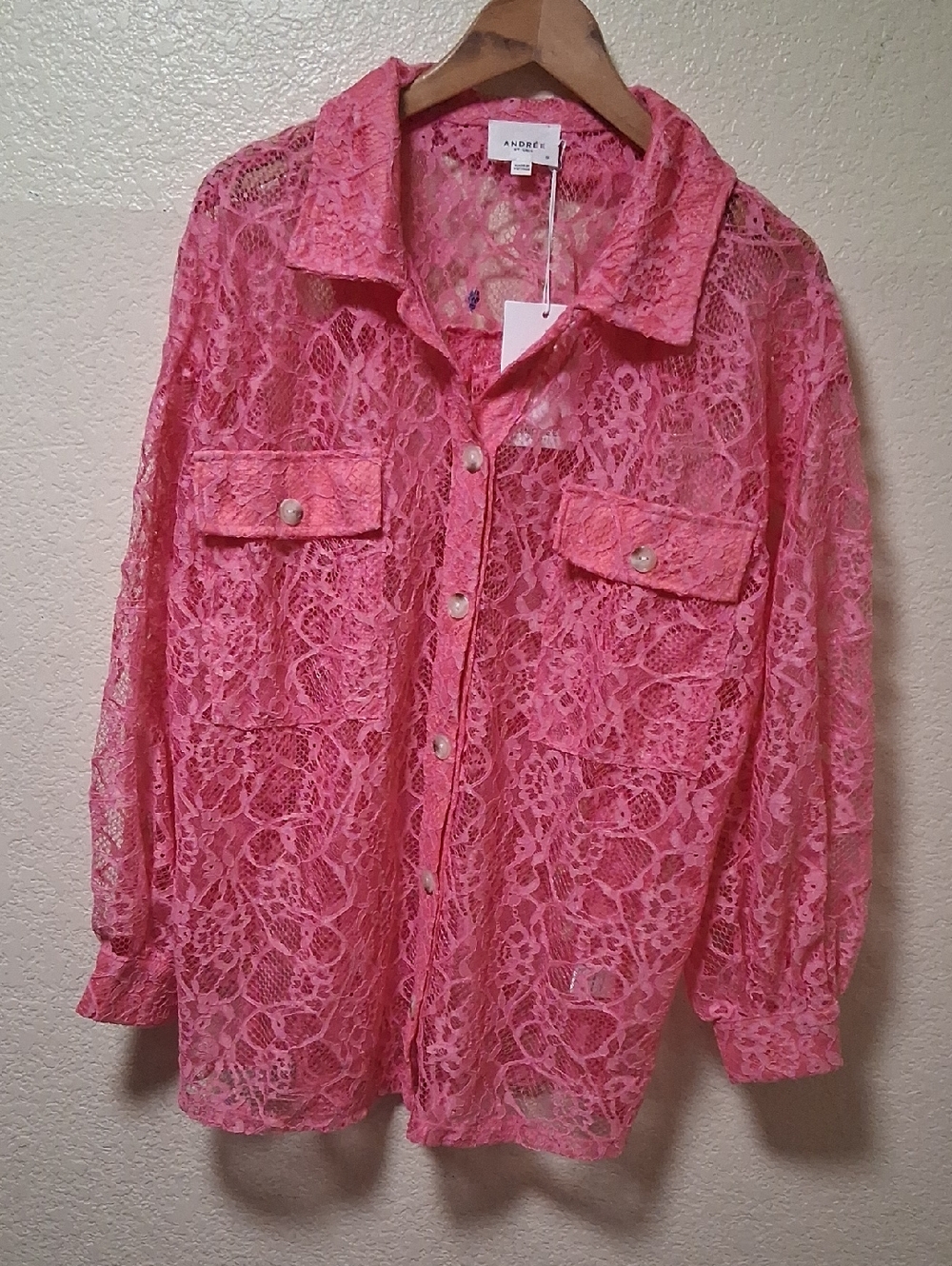 Andree Hot Pink Lace Shirt with Pearl Buttons